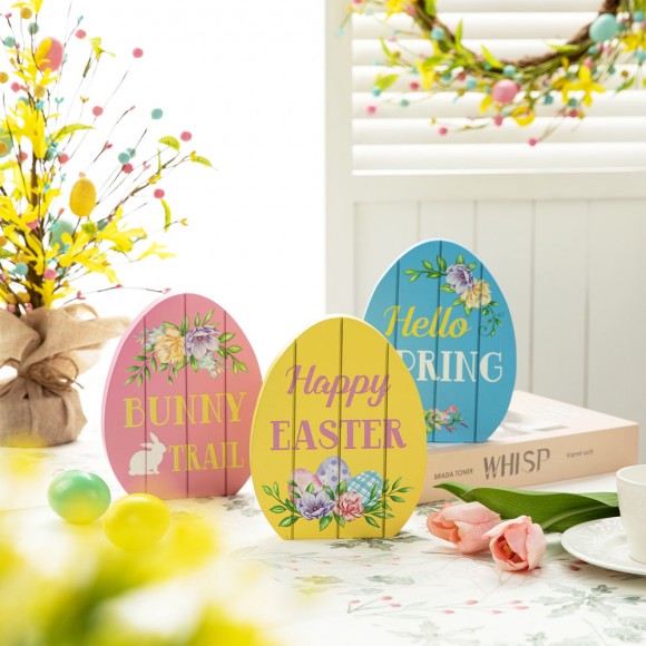 Glitzhome Glitzhome 7.5"H Set Of 3 Wooden Easter Egg Table Decor
