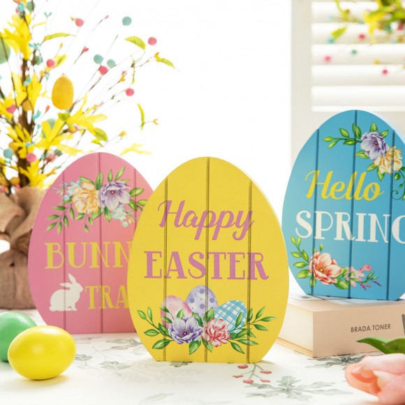 Glitzhome Glitzhome 7.5"H Set Of 3 Wooden Easter Egg Table Decor