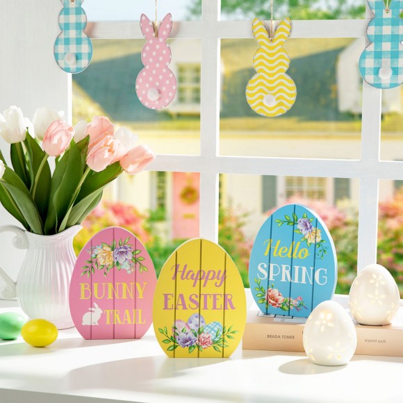 Glitzhome Glitzhome 7.5"H Set Of 3 Wooden Easter Egg Table Decor