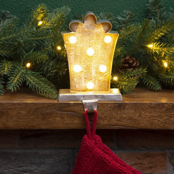 Glitzhome Glitzhome 7.50"H Marquee LED Wooden/Metal Giftbox Stocking Holder