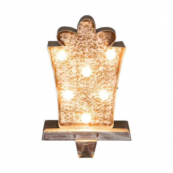 glitzhome Glitzhome 7.50"H Marquee LED Wooden/Metal Giftbox Stocking Holder