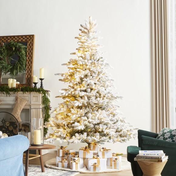 Glitzhome Glitzhome 7.5ft Pre-Lit Flocked Full Fir Artificial Christmas Tree With 580 Warm White/Multicolor LED Lights 9 Function W/Foot Pedal