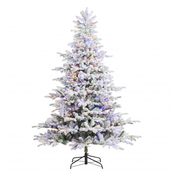 glitzhome Glitzhome 7.5ft Pre-Lit Flocked Full Fir Artificial Christmas Tree with 580 Warm White/Multicolor LED Lights 9 Function w/Foot Pedal