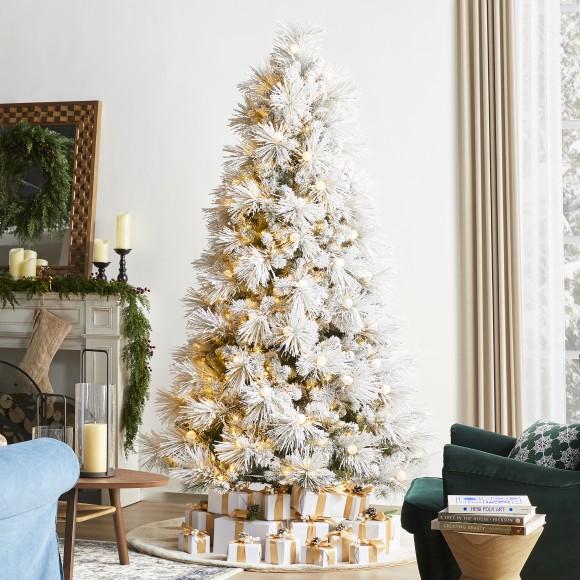 Glitzhome Glitzhome 7.5ft Pre-Lit Flocked Full Pine Artificial Christmas Tree With 650 G40 Warm White Globe LED Lights 3 Function W/Foot Pedal