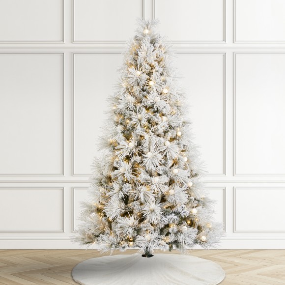 Glitzhome Glitzhome 7.5ft Pre-Lit Flocked Full Pine Artificial Christmas Tree With 650 G40 Warm White Globe LED Lights 3 Function W/Foot Pedal