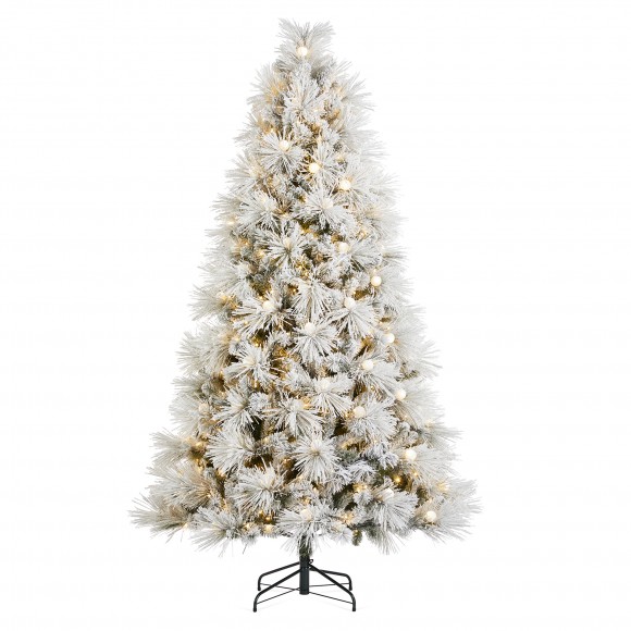 glitzhome Glitzhome 7.5ft Pre-Lit Flocked Full Pine Artificial Christmas Tree with 650 G40 Warm White Globe LED Lights 3 Function w/Foot Pedal