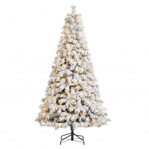 glitzhome Glitzhome 7.5ft Pre-Lit Flocked Full Spruce Artificial Christmas Tree with 500 Warm White C3 Clear LED Lights 3 Function w/Foot Pedal