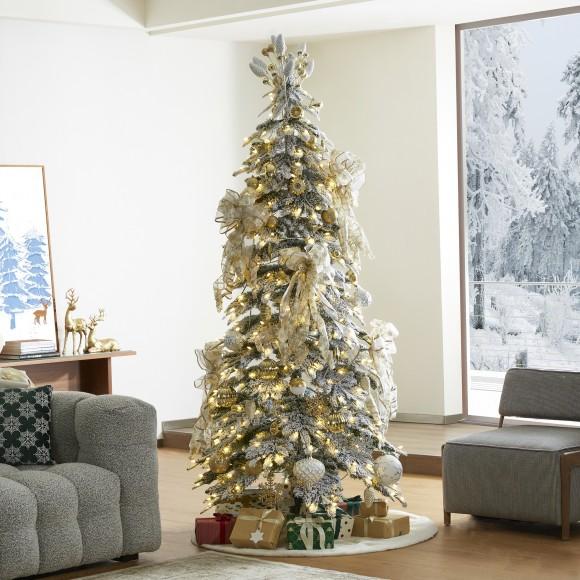 Glitzhome Glitzhome 7.5ft Pre-Lit Flocked Rotating Slim Spruce Artificial Christmas Tree With 400 Clear Lights 9 Functional Warm White/Multi-color Remote Controller
