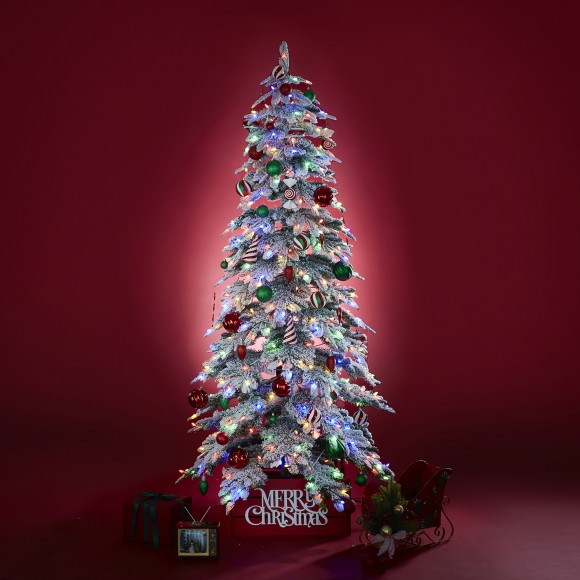 Glitzhome Glitzhome 7.5ft Pre-Lit Flocked Rotating Slim Spruce Artificial Christmas Tree With 400 Clear Lights 9 Functional Warm White/Multi-color Remote Controller