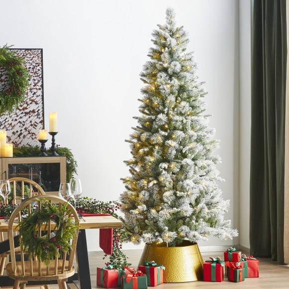 Glitzhome Glitzhome 7.5ft Pre-Lit Flocked Slim Pine Artificial Christmas Tree With 350 Warm White LED Lights 3 Funciton W/ Foot Pedal And Remote Control