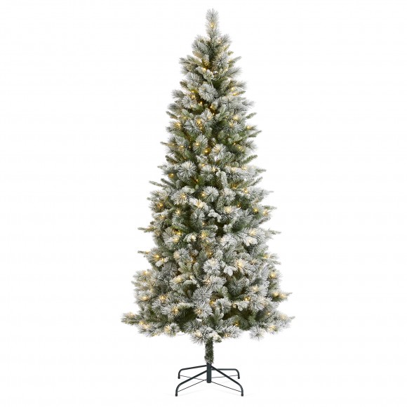 glitzhome Glitzhome 7.5ft Pre-Lit Flocked Slim Pine Artificial Christmas Tree with 350 Warm White LED lights 3 funciton w/ Foot Pedal and Remote Control