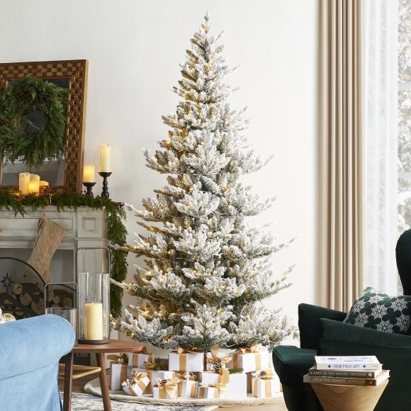 Glitzhome Glitzhome 7.5ft Pre-Lit Flocked Upward Slim Fir Artificial Christmas Tree With 400 Warm White Lights 3 Function W/Remote Control