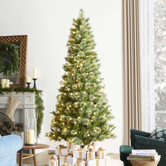 Glitzhome Glitzhome 7.5ft Pre-Lit Green Cashmere Slim Pine Artificial Christmas Tree With 350 Warm White And Multi-color Globe LED Lights 9 Funciton W/ Foot Pedal And Remote Control