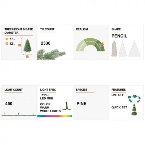 Glitzhome Glitzhome 7.5ft Pre-Lit Green Pencil Pine Artificial Christmas Tree With 450 Warm White Lights
