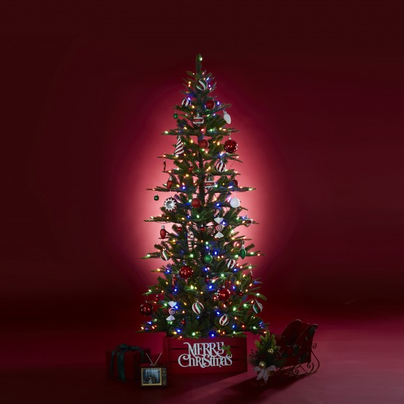 Glitzhome Glitzhome 7.5ft Pre-Lit Green Slim Fir Artificial Christmas Tree With 350 Strawberry Lights 9 Functional Warm White/Multi-color Remote Controller
