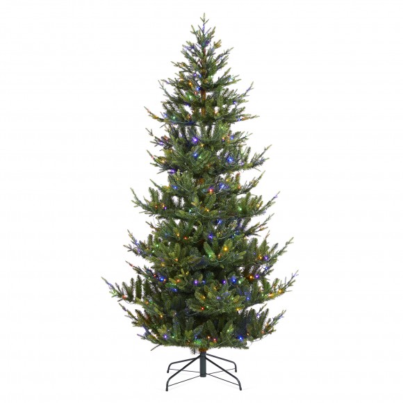 glitzhome Glitzhome 7.5ft Pre-Lit Green Upward Slim Fir Artificial Christmas Tree with 500 Warm White and Multi-color LED lights 9 funciton w/ Foot Pedal and Remote Control