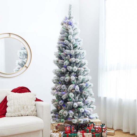 Glitzhome Glitzhome 7.5ft Pre-Lit Snow Flocked Pencil Pine Artificial Christmas Tree With 300 Warm White/Multi-Color Lights