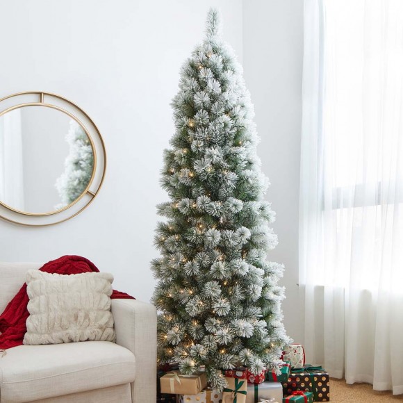 Glitzhome Glitzhome 7.5ft Pre-Lit Snow Flocked Pencil Pine Artificial Christmas Tree With 350 Warm White Lights