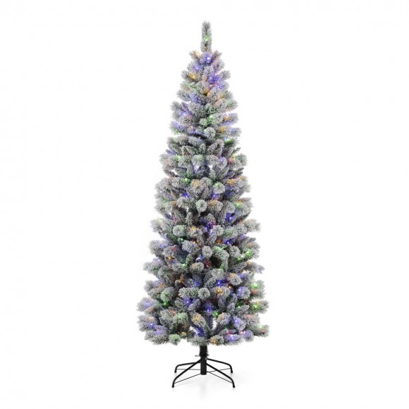 glitzhome Glitzhome 7.5ft Pre-Lit Snow Flocked Pencil Pine Artificial Christmas Tree with 300 Warm White/Multi-Color Lights