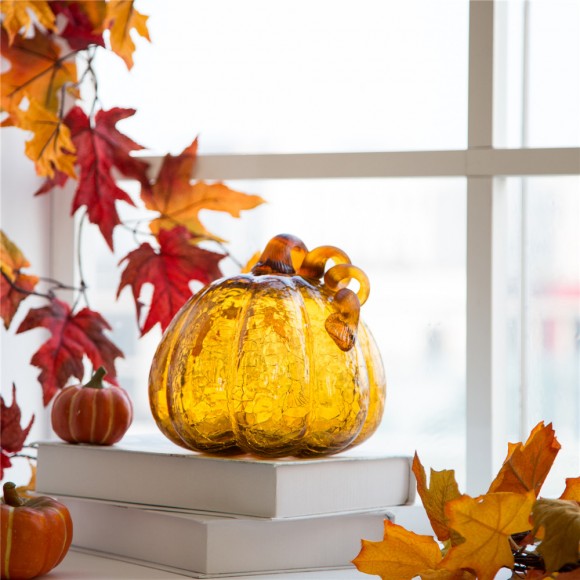 Glitzhome Glitzhome 7.87"L Hand Blown Amber Crackle Glass Pumpkin Decor