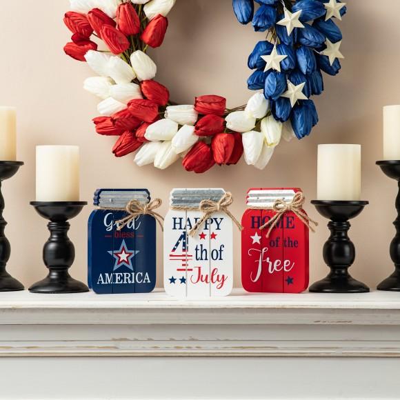 Glitzhome Glitzhome 7"H Set Of 3 Patriotic Americana Wooden Mason Jar Table Decor