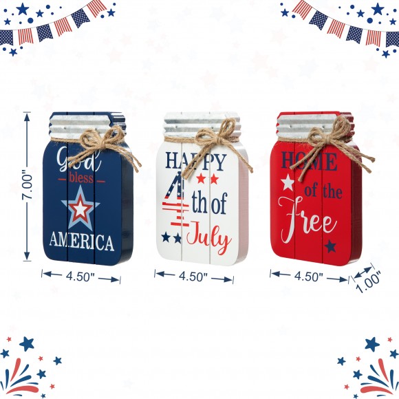 Glitzhome Glitzhome 7"H Set Of 3 Patriotic Americana Wooden Mason Jar Table Decor