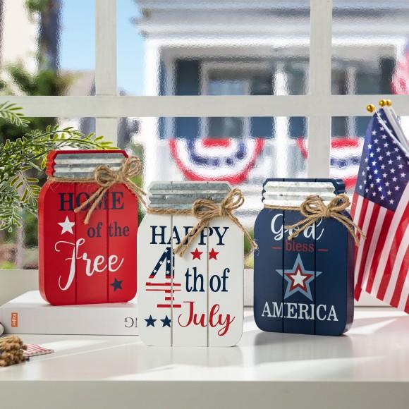 Glitzhome Glitzhome 7"H Set Of 3 Patriotic Americana Wooden Mason Jar Table Decor