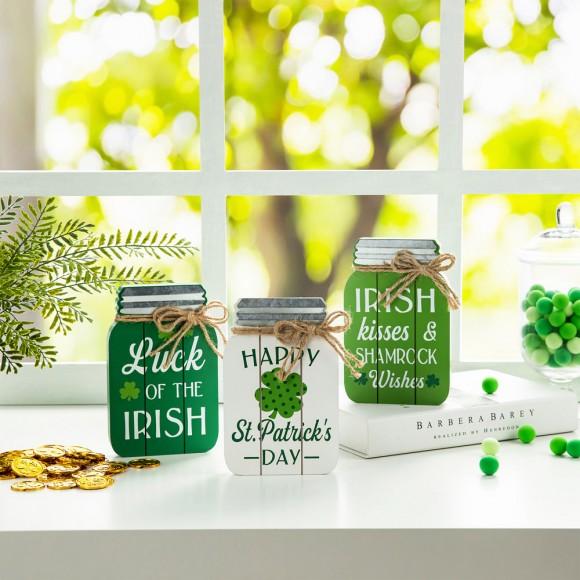 Glitzhome Glitzhome 7"H Set Of 3 St. Patrick's Wooden Mason Jar Table Decor