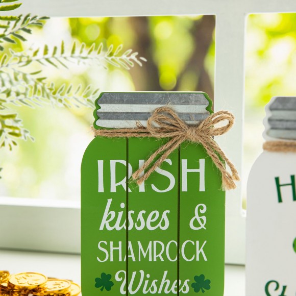 Glitzhome Glitzhome 7"H Set Of 3 St. Patrick's Wooden Mason Jar Table Decor