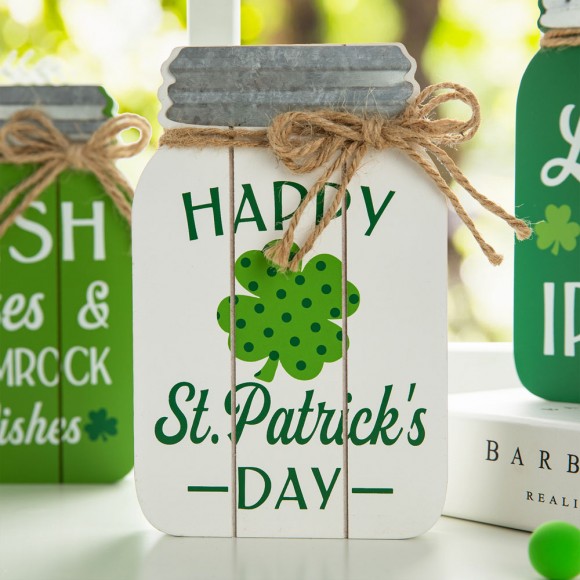 Glitzhome Glitzhome 7"H Set Of 3 St. Patrick's Wooden Mason Jar Table Decor