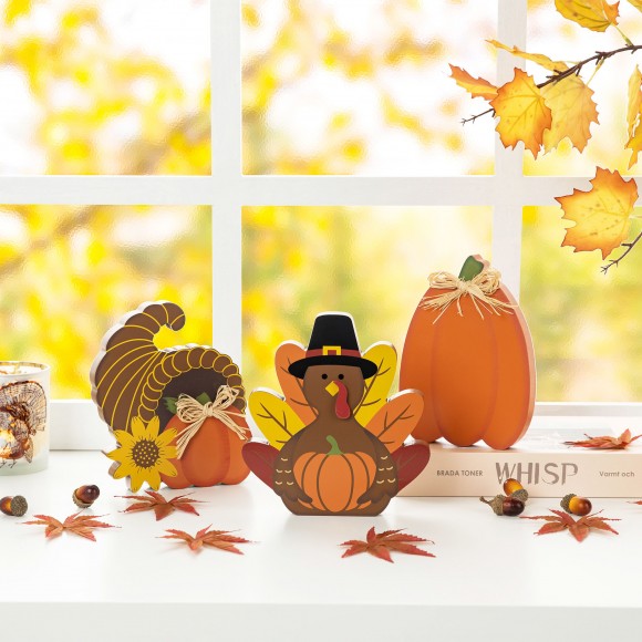 Glitzhome Glitzhome 7"H Set Of 3 Thanksgiving Wooden Pumpkin Turkey & Croissant Table Decor