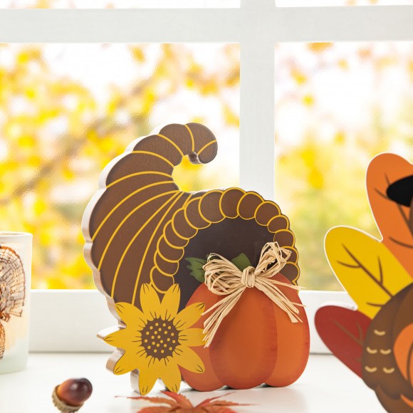 Glitzhome Glitzhome 7"H Set Of 3 Thanksgiving Wooden Pumpkin Turkey & Croissant Table Decor