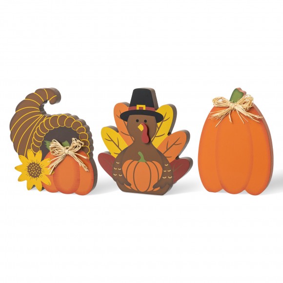 glitzhome Glitzhome 7"H Set of 3 Thanksgiving Wooden Pumpkin Turkey & Croissant Table Decor