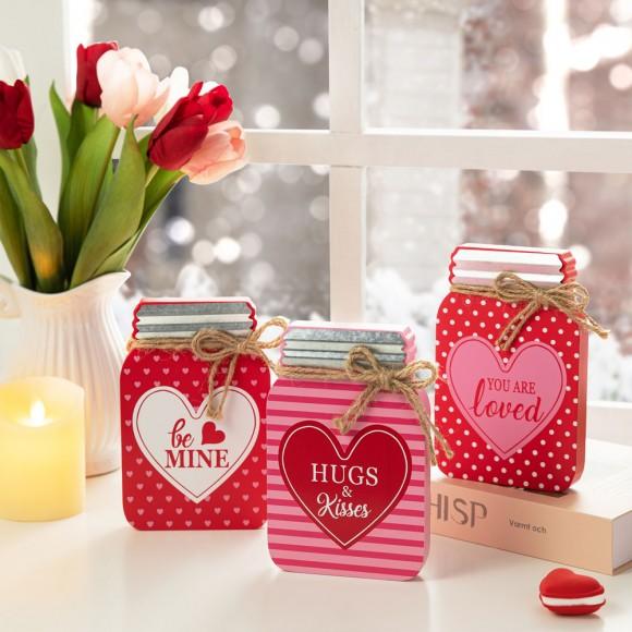 Glitzhome Glitzhome 7"H Set Of 3 Valentine's Wooden Mason Jar Table Decor