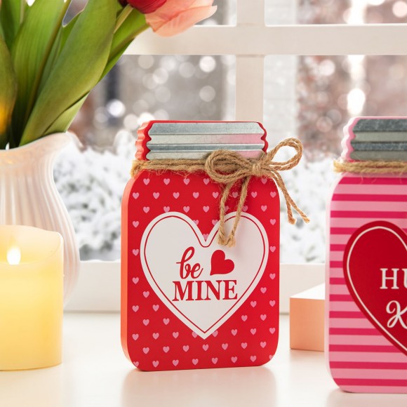 Glitzhome Glitzhome 7"H Set Of 3 Valentine's Wooden Mason Jar Table Decor