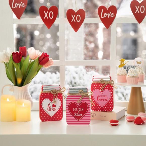 Glitzhome Glitzhome 7"H Set Of 3 Valentine's Wooden Mason Jar Table Decor