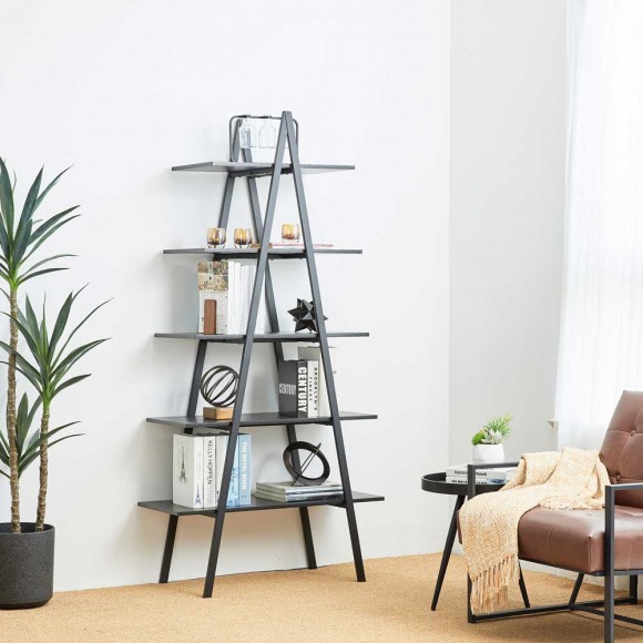 Glitzhome Glitzhome 72"H Modern Industrial Black Wood/Metal 5-Tier "A" Frame Bookcases & Shelves