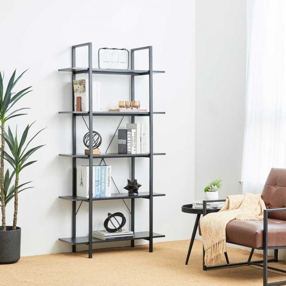 Glitzhome Glitzhome 72"H Modern Industrial Black Wood/Metal 5-Tier Bookcases & Shelves