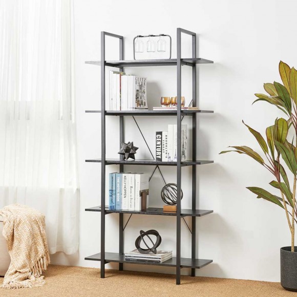 Glitzhome Glitzhome 72"H Modern Industrial Black Wood/Metal 5-Tier Bookcases & Shelves