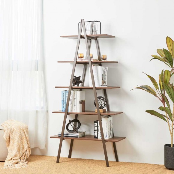 Glitzhome Glitzhome 72"H Modern Industrial Brown Wood/Metal 5-Tier "A" Frame Bookcases & Shelves