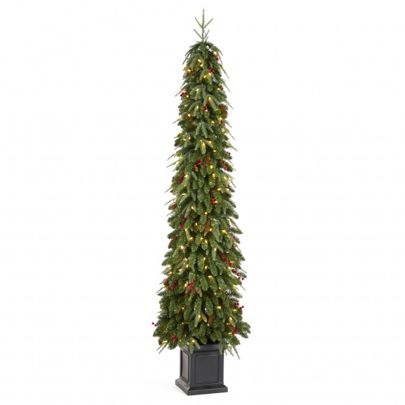 glitzhome Glitzhome 7ft Pre-lit Green Artificial Christmas Porch Tree with red berries pinecones and 250 warm white lights 3 function w/Foot Pedal