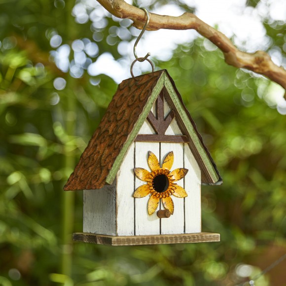Glitzhome Glitzhome 8.25"H Distressed Solid Wood Decorative Outdoor Garden Birdhouse With 3D Metal Roof And Flower