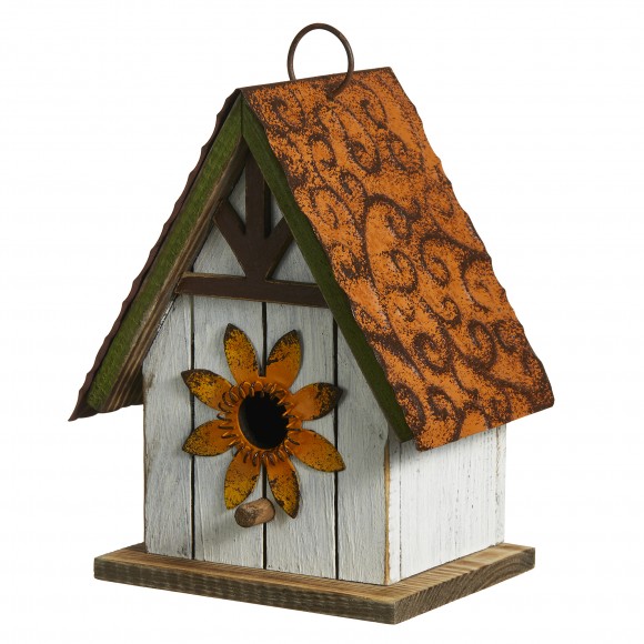 Glitzhome Glitzhome 8.25"H Distressed Solid Wood Decorative Outdoor Garden Birdhouse With 3D Metal Roof And Flower