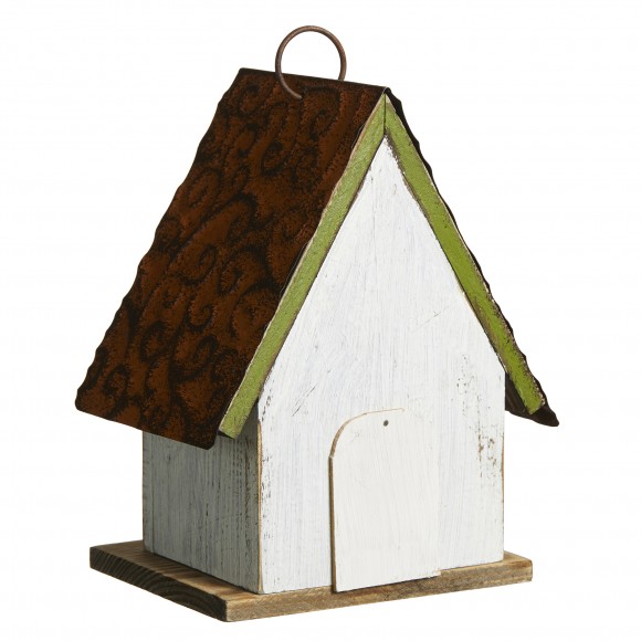 Glitzhome Glitzhome 8.25"H Distressed Solid Wood Decorative Outdoor Garden Birdhouse With 3D Metal Roof And Flower
