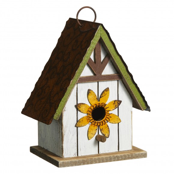 glitzhome Glitzhome 8.25"H Distressed Solid Wood Decorative Outdoor Garden Birdhouse with 3D Metal Roof and Flower