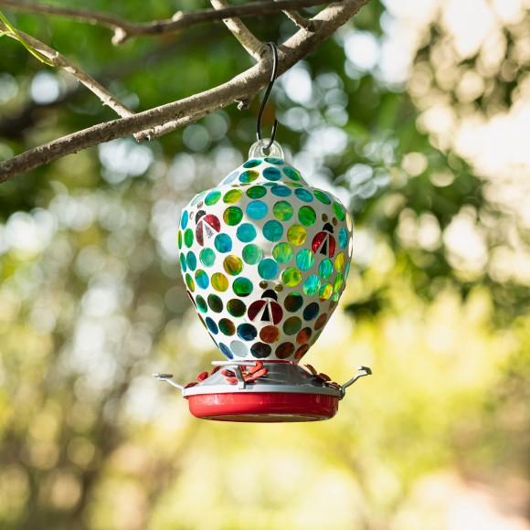 Glitzhome Glitzhome 8.25"H Glass Hanging Blue/Green Dots & Ladybugs Mosaic Birdfeeder