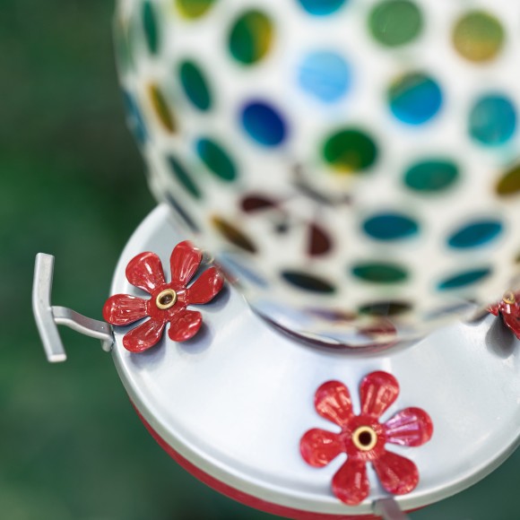 Glitzhome Glitzhome 8.25"H Glass Hanging Blue/Green Dots & Ladybugs Mosaic Birdfeeder