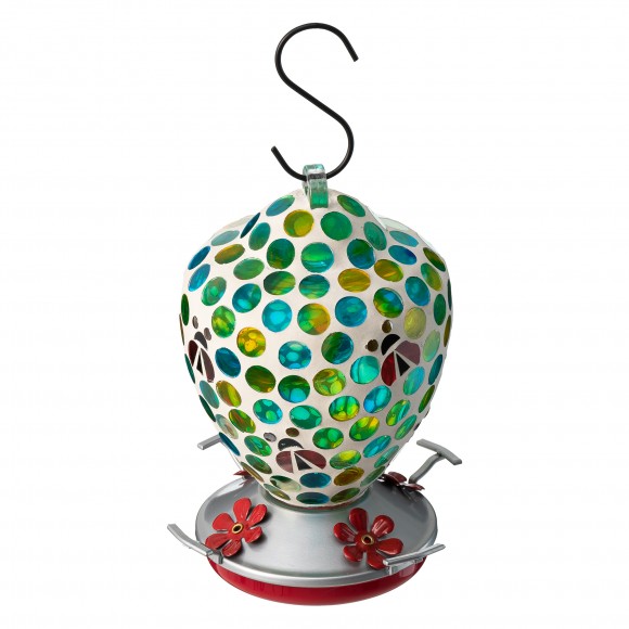 Glitzhome Glitzhome 8.25"H Glass Hanging Blue/Green Dots & Ladybugs Mosaic Birdfeeder