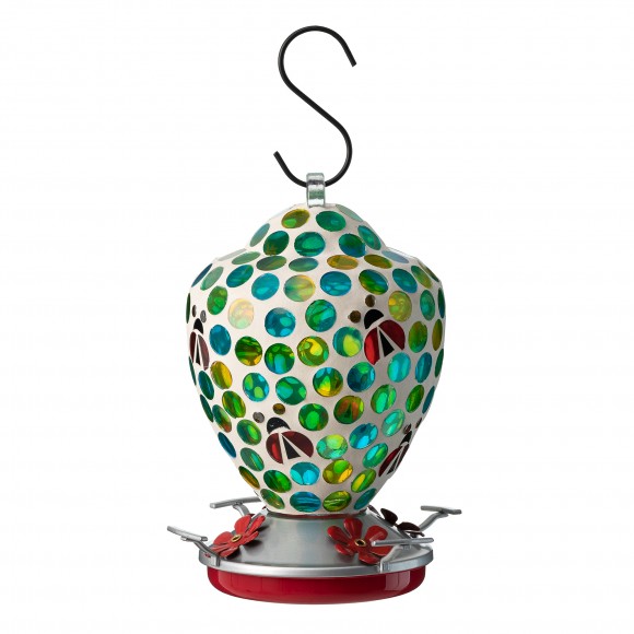 glitzhome Glitzhome 8.25"H Glass Hanging Blue/Green Dots & Ladybugs Mosaic Birdfeeder