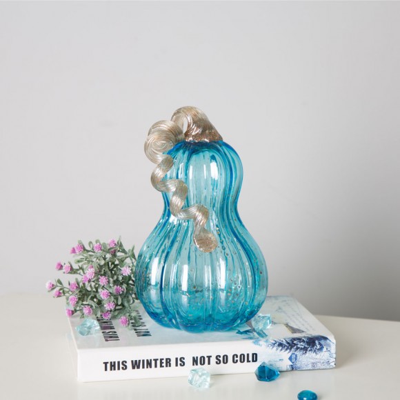 Glitzhome Glitzhome 8.46"H Hand Blown Blue Glitter Glass Pumpkin Decor
